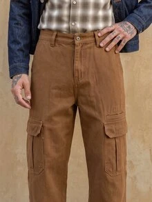 RivetRise 男士工装口袋直筒宽松休闲牛仔裤 - 卡其色 - 查看 5