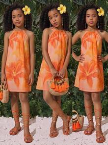 SHEIN Tween Girl Vacation Casual Floral Print Halter Neck Dress - Apricot - View 8