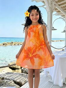 SHEIN Tween Girl Vacation Casual Floral Print Halter Neck Dress - Apricot - View 5