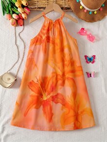 SHEIN Tween Girl Vacation Casual Floral Print Halter Neck Dress - Apricot - View 6