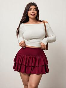 Enliva Plus Size Wine Red Ruffled Hem Casual Skirt, Summer - Burgundy - View 7