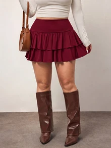 Enliva Plus Size Wine Red Ruffled Hem Casual Skirt, Summer - Burgundy - View 6