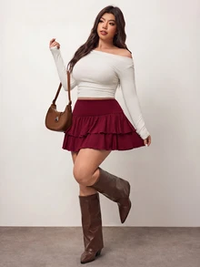 Enliva Plus Size Wine Red Ruffled Hem Casual Skirt, Summer - Burgundy - View 5