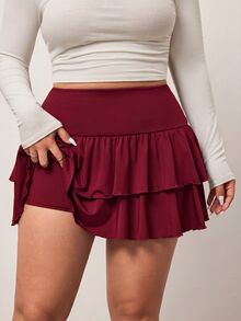 Enliva Plus Size Wine Red Ruffled Hem Casual Skirt, Summer - Burgundy - View 3