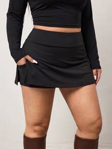 Enliva Plus Size Women's Solid Color Casual Everyday Skort - Black - View 4