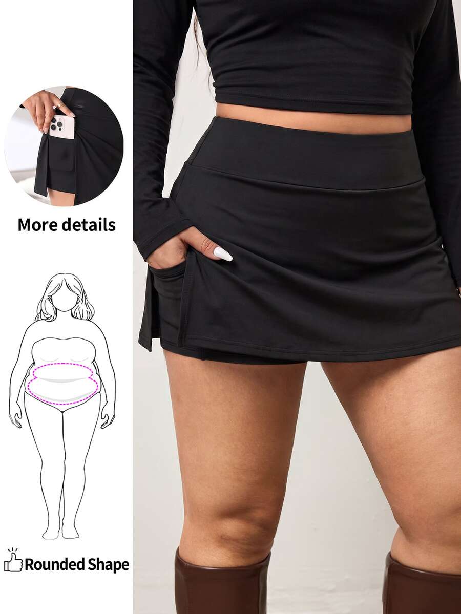 Enliva Plus Size Women's Solid Color Casual Everyday Skort - Black - View 1