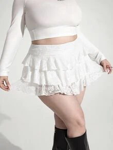 Enliva 大码女式纯色蕾丝蛋糕裙 - 白色 - 查看 6