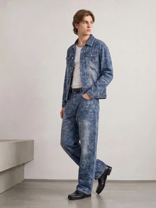 RivetRise 2pcs Men Jacquard Denim Suit, Casual Loose Fit Jacket And Wide Leg Pants Set - Light Wash - View 4