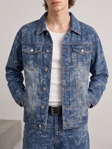 RivetRise 2pcs Men Jacquard Denim Suit, Casual Loose Fit Jacket And Wide Leg Pants Set - Light Wash - View 7