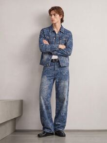 RivetRise 2pcs Men Jacquard Denim Suit, Casual Loose Fit Jacket And Wide Leg Pants Set - Light Wash - View 5