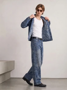 RivetRise 2pcs Men Jacquard Denim Suit, Casual Loose Fit Jacket And Wide Leg Pants Set - Light Wash - View 6