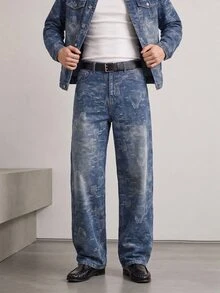 RivetRise 2pcs Men Jacquard Denim Suit, Casual Loose Fit Jacket And Wide Leg Pants Set - Light Wash - View 8