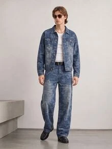 RivetRise 2pcs Men Jacquard Denim Suit, Casual Loose Fit Jacket And Wide Leg Pants Set - Light Wash - View 2