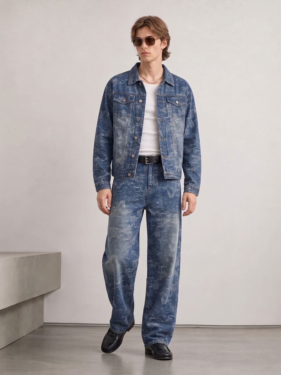 RivetRise 2pcs Men Jacquard Denim Suit, Casual Loose Fit Jacket And Wide Leg Pants Set