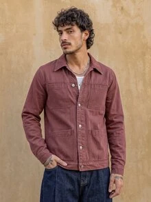 RivetRise Jaket Denim Kasual Ukuran Besar Fu, Atasan Pakaian Kerja Longgar Gaya Retro/Vintage, Jaket Jeans Musim Semi dan Gugur untuk Pria - Redwood - View 2