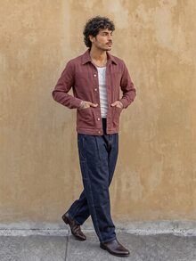 RivetRise Jaket Denim Kasual Ukuran Besar Fu, Atasan Pakaian Kerja Longgar Gaya Retro/Vintage, Jaket Jeans Musim Semi dan Gugur untuk Pria - Redwood - View 4
