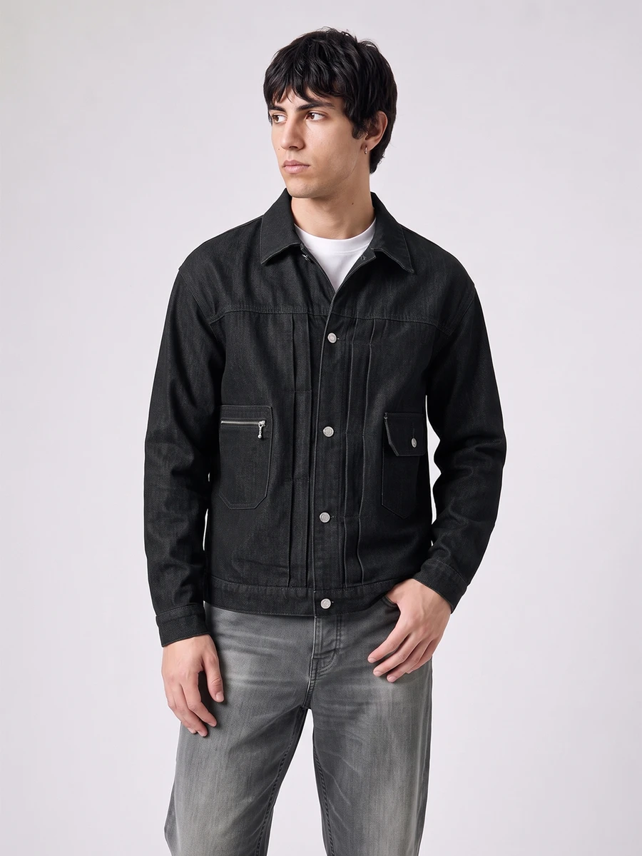 RivetRise Men's Vintage Black Short Denim Jacket, American Style, Autumn/Spring