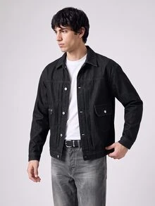 RivetRise Men's Vintage Black Short Denim Jacket, American Style, Autumn/Spring - Black - View 4