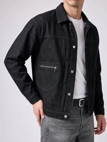 RivetRise Men's Vintage Black Short Denim Jacket, American Style, Autumn/Spring - Black - View 5