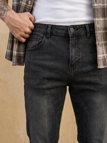 RivetRise 男士黑色休闲修身牛仔裤，四季皆宜 - 黑色 - 查看 8