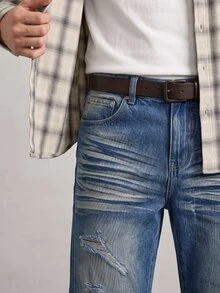 RivetRise Vintage Washed Blue Straight Leg Distressed Ripped Jeans,Men's Casual Streetwear For Summer City Break,Western Boyfriend Style Flare Denim Pants Rave - Blue - View 7