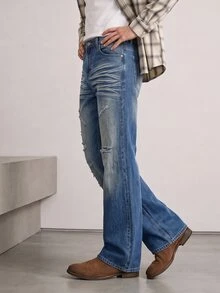 RivetRise Vintage Washed Blue Straight Leg Distressed Ripped Jeans,Men's Casual Streetwear For Summer City Break,Western Boyfriend Style Flare Denim Pants Rave - Blue - View 4