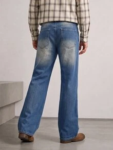 RivetRise Vintage Washed Blue Straight Leg Distressed Ripped Jeans,Men's Casual Streetwear For Summer City Break,Western Boyfriend Style Flare Denim Pants Rave - Blue - View 3