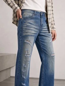 RivetRise Vintage Washed Blue Straight Leg Distressed Ripped Jeans,Men's Casual Streetwear For Summer City Break,Western Boyfriend Style Flare Denim Pants Rave - Blue - View 6