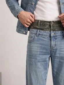 RivetRise 男士时尚街头拼布迷彩直筒牛仔裤 - 淺色水洗藍 - 查看 6