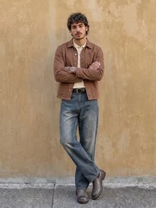 RivetRise Casual Khaki Loose Cargo Denim Jacket, Spring/Summer Cowboy Western Regular Washed Pocket For Work - Khaki - View 6