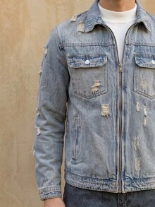 RivetRise Men's Distressed Denim Jacket, Streetwear Style Acid Washed For Slim-Fit, Fall - Light Wash - View 6