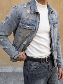 RivetRise Men's Distressed Denim Jacket, Streetwear Style Acid Washed For Slim-Fit, Fall - Light Wash - View 3