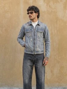 RivetRise Men's Distressed Denim Jacket, Streetwear Style Acid Washed For Slim-Fit, Fall - Light Wash - View 4