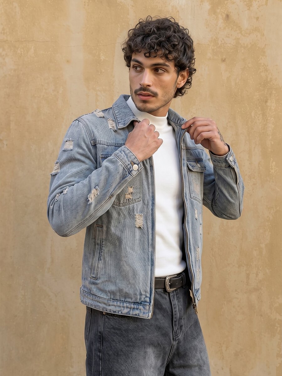 RivetRise Men's Distressed Denim Jacket, Streetwear Style Acid Washed For Slim-Fit, Fall - Light Wash - View 1
