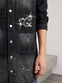 RivetRise Áo khoác denim Barn dáng rộng, màu đen, mỏng, thoải mái, họa tiết đá Rhinestone, họa tiết loang lổ, mùa xuân/thu - Xám - Xem 4