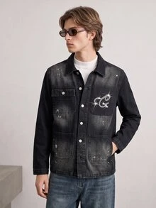 RivetRise Áo khoác denim Barn dáng rộng, màu đen, mỏng, thoải mái, họa tiết đá Rhinestone, họa tiết loang lổ, mùa xuân/thu - Xám - Xem 2