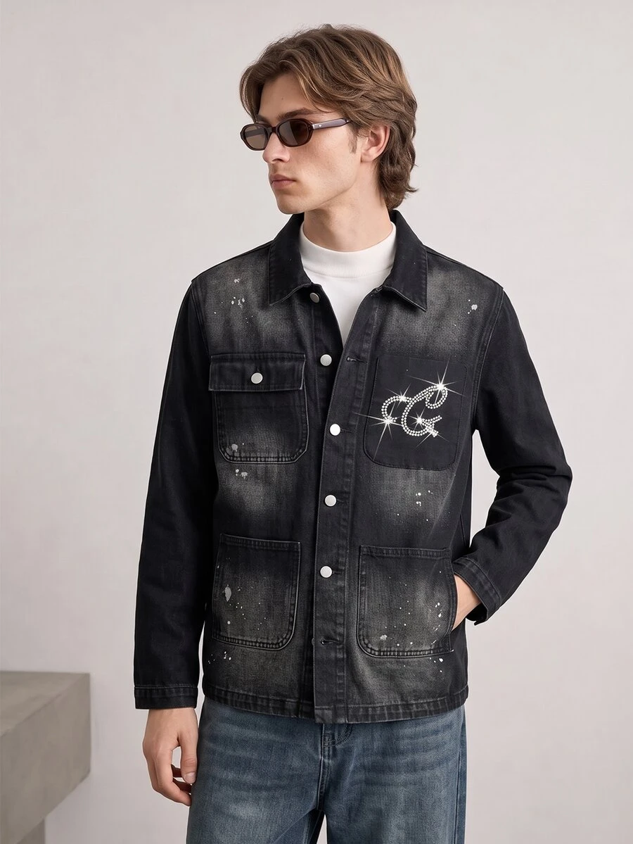 RivetRise Áo khoác denim Barn dáng rộng, màu đen, mỏng, thoải mái, họa tiết đá Rhinestone, họa tiết loang lổ, mùa xuân/thu