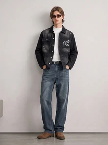 RivetRise Áo khoác denim Barn dáng rộng, màu đen, mỏng, thoải mái, họa tiết đá Rhinestone, họa tiết loang lổ, mùa xuân/thu - Xám - Xem 7