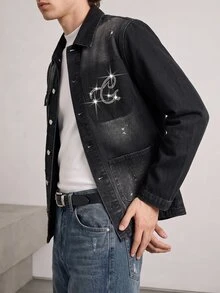 RivetRise Áo khoác denim Barn dáng rộng, màu đen, mỏng, thoải mái, họa tiết đá Rhinestone, họa tiết loang lổ, mùa xuân/thu - Xám - Xem 5