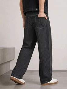 RivetRise Men's Street Fashion Casual Striped Flared Black Jeans - Black - View 2