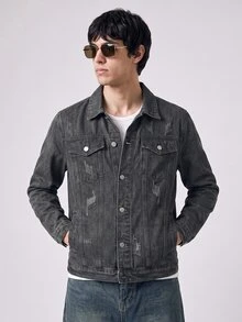 RivetRise Chaqueta vaquera azul de estilo casual urbano para hombres - Verde militar - Ver 2