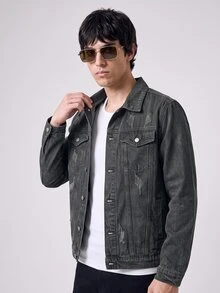RivetRise Chaqueta vaquera azul de estilo casual urbano para hombres - Verde militar - Ver 4