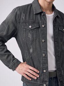 RivetRise Chaqueta vaquera azul de estilo casual urbano para hombres - Verde militar - Ver 6