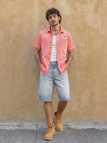 RivetRise Men's Casual Distressed Pink Denim Shirt, Street Fashion - Pink - View 6