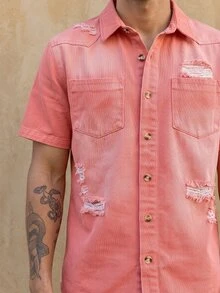 RivetRise Men's Casual Distressed Pink Denim Shirt, Street Fashion - Pink - View 3