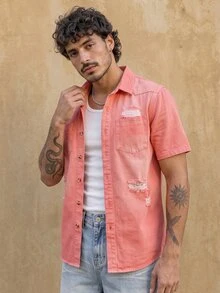 RivetRise Men's Casual Distressed Pink Denim Shirt, Street Fashion - Pink - View 4