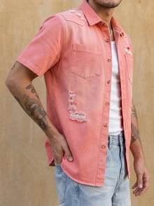 RivetRise Men's Casual Distressed Pink Denim Shirt, Street Fashion - Pink - View 5