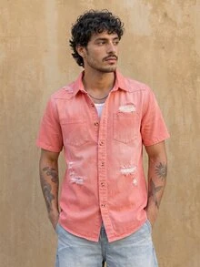 RivetRise Men's Casual Distressed Pink Denim Shirt, Street Fashion - Pink - View 1