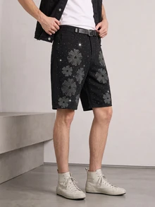 RivetRise 男士水钻装饰时尚阔腿牛仔短裤 - 黑色 - 查看 4