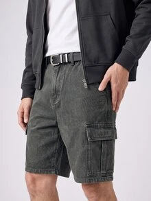 RivetRise 男士拉链工装口袋牛仔短裤，百搭休闲运动装 - 淺灰色 - 查看 2